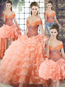 Peach Lace Up Off The Shoulder Beading and Ruffled Layers 15 Quinceanera Dress Organza Sleeveless Brush Train