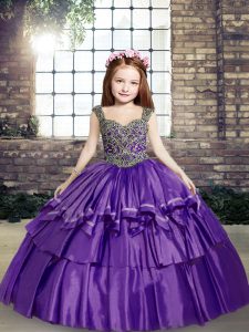 Hot Sale Lavender Ball Gowns Straps Sleeveless Taffeta Floor Length Lace Up Beading Pageant Dresses