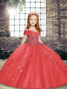 Cute Coral Red Ball Gowns Beading and Ruffles Kids Formal Wear Lace Up Tulle Sleeveless Floor Length