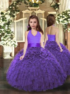 Purple Organza Lace Up Halter Top Sleeveless Floor Length Pageant Gowns For Girls Ruffles