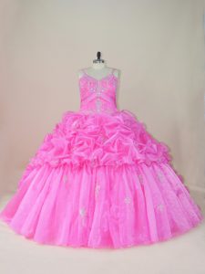 Decent Baby Pink Straps Lace Up Beading and Appliques and Pick Ups Quinceanera Gowns Brush Train Sleeveless