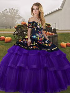 Custom Designed Black And Purple Tulle Lace Up Off The Shoulder Sleeveless Casual Dresses Brush Train Embroidery and Ruffled Layers