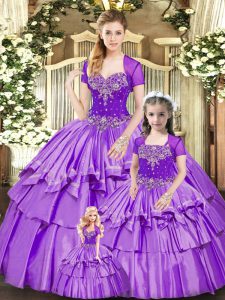 Lavender Sweet 16 Quinceanera Dress Military Ball and Sweet 16 and Quinceanera with Beading and Ruffled Layers Sweetheart Sleeveless Lace Up