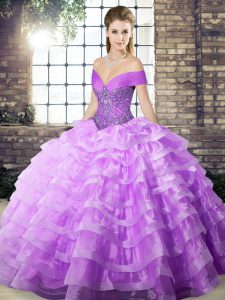 Delicate Lavender Lace Up Off The Shoulder Beading and Ruffled Layers Vestidos de Quinceanera Organza Sleeveless Brush Train