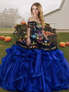 Simple Blue And Black Sleeveless Floor Length Embroidery and Ruffles Lace Up Quinceanera Dresses