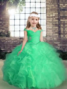 Custom Made Apple Green Straps Neckline Beading and Ruffles and Ruching Pageant Dress for Teens Sleeveless Lace Up