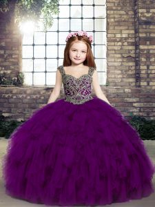High Quality Straps Sleeveless Pageant Dress Toddler Floor Length Beading and Ruffles Purple Tulle