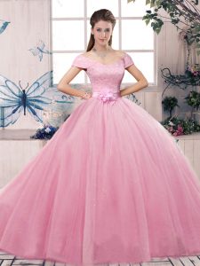 High Class Floor Length Lace Up Sweet 16 Dresses Rose Pink for Military Ball and Sweet 16 and Quinceanera with Lace and Hand Made Flower