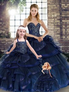 Floor Length Navy Blue Ball Gown Prom Dress Sweetheart Sleeveless Lace Up