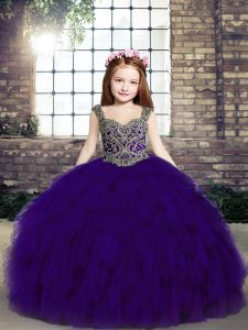 Purple Tulle Lace Up Straps Sleeveless Floor Length Kids Formal Wear Beading