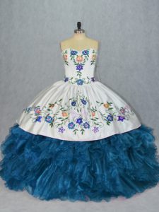 Blue Ball Gowns Sweetheart Sleeveless Organza Lace Up Embroidery and Ruffles 15th Birthday Dress