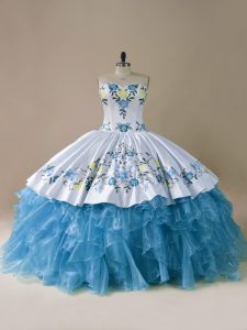 Custom Made Floor Length Blue Ball Gown Prom Dress Organza Sleeveless Embroidery and Ruffles