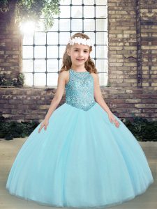 Excellent Aqua Blue Scoop Lace Up Beading and Appliques Kids Formal Wear Sleeveless