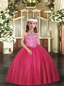 Hot Pink Ball Gowns Halter Top Sleeveless Tulle Floor Length Lace Up Beading Little Girls Pageant Dress