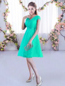 Ruching Quinceanera Court of Honor Dress Turquoise Lace Up Cap Sleeves Mini Length