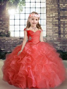 Straps Sleeveless Little Girl Pageant Gowns Floor Length Beading Red Organza