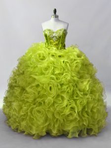 Sweetheart Sleeveless Sweet 16 Dress Floor Length Ruffles and Sequins Yellow Green Organza