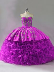 Sleeveless Organza and Fabric With Rolling Flowers Brush Train Lace Up Quinceanera Dresses in Fuchsia with Beading and Embroidery and Ruffles