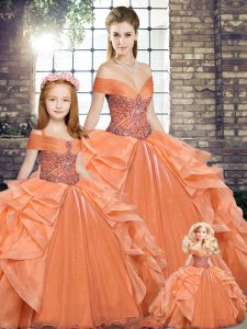 Orange Organza Lace Up Sweet 16 Dress Sleeveless Floor Length Beading and Ruffles