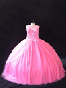 Fancy Scoop Sleeveless Court Train Lace Up Quinceanera Gown Rose Pink Tulle