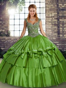 Wonderful Green Quince Ball Gowns Military Ball and Sweet 16 and Quinceanera with Beading and Ruffled Layers Straps Sleeveless Lace Up