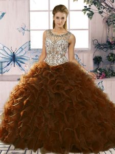 Trendy Beading and Ruffles Quinceanera Gowns Brown Lace Up Sleeveless Floor Length
