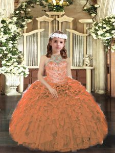 Sleeveless Floor Length Beading and Ruffles Lace Up Kids Formal Wear with Orange
