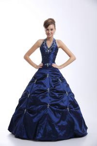 Cute Ball Gowns Sweet 16 Dresses Royal Blue Halter Top Taffeta Sleeveless Floor Length Lace Up