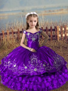 Ball Gowns Child Pageant Dress Purple Off The Shoulder Satin and Organza Sleeveless Floor Length Lace Up