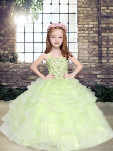 Floor Length Lace Up Custom Made Pageant Dress Yellow Green for Party and Military Ball and Wedding Party with Beading