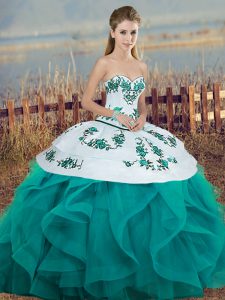Sexy Turquoise Sleeveless Floor Length Embroidery and Ruffles and Bowknot Lace Up Military Ball Gown