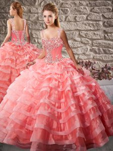 Straps Sleeveless Organza Quinceanera Dresses Beading and Ruffled Layers Court Train Lace Up