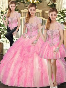 Beautiful Floor Length Lace Up 15th Birthday Dress Baby Pink for Sweet 16 and Quinceanera with Beading and Ruffles