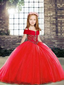 Fancy Lace Up Pageant Dress Womens Red for Party and Sweet 16 and Wedding Party with Beading Brush Train