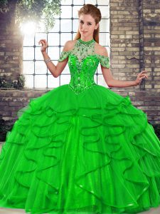 Halter Top Sleeveless Lace Up Sweet 16 Dresses Green Tulle