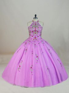Fabulous Sleeveless Tulle Brush Train Lace Up Quinceanera Dress in Lilac with Appliques and Embroidery