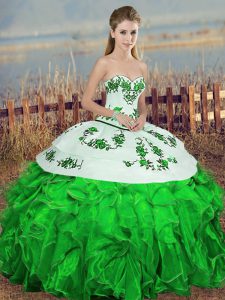 Green Sleeveless Floor Length Embroidery and Ruffles and Bowknot Lace Up Sweet 16 Dress