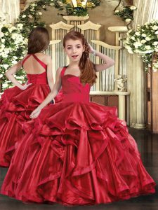 Red Sleeveless Floor Length Ruffles Lace Up Kids Formal Wear