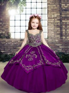 Customized Tulle Straps Sleeveless Lace Up Embroidery Kids Pageant Dress in Eggplant Purple and Purple