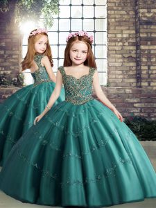Teal Ball Gowns Straps Sleeveless Tulle Floor Length Lace Up Beading Kids Pageant Dress