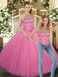 Halter Top Sleeveless Tulle Sweet 16 Dresses Embroidery Lace Up