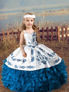 Cheap Straps Sleeveless Lace Up Little Girl Pageant Gowns Blue Organza