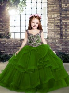 Enchanting Green Tulle Lace Up Straps Sleeveless Floor Length Child Pageant Dress Beading and Ruffles