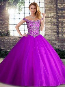 Custom Fit Sleeveless Beading Lace Up Quinceanera Gowns with Purple Brush Train