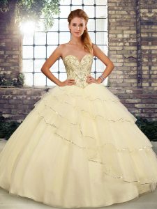 Traditional Light Yellow Ball Gowns Beading and Ruffled Layers 15th Birthday Dress Lace Up Tulle Sleeveless