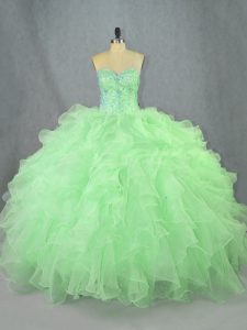Sleeveless Floor Length Beading and Ruffles Lace Up Ball Gown Prom Dress with Green