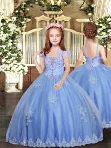 Trendy Baby Blue Lace Up Little Girls Pageant Dress Wholesale Appliques Sleeveless Floor Length