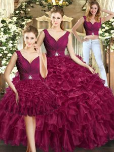 Modern Burgundy Organza Backless 15 Quinceanera Dress Sleeveless Floor Length Ruffles
