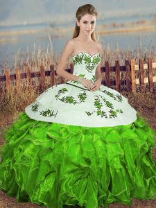 Cheap Green Sweetheart Neckline Embroidery and Ruffles and Bowknot Sweet 16 Dresses Sleeveless Lace Up