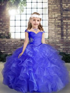 Lovely Blue Lace Up Little Girls Pageant Gowns Beading and Ruffles and Ruching Sleeveless Floor Length